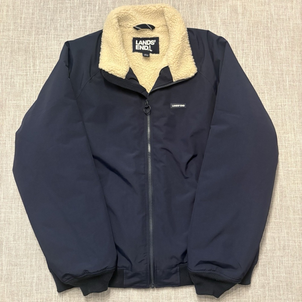 Lands' End Navy Blue Sherpa Fleece Lined Full Zip Jacket Men's Large 42-44 Coat